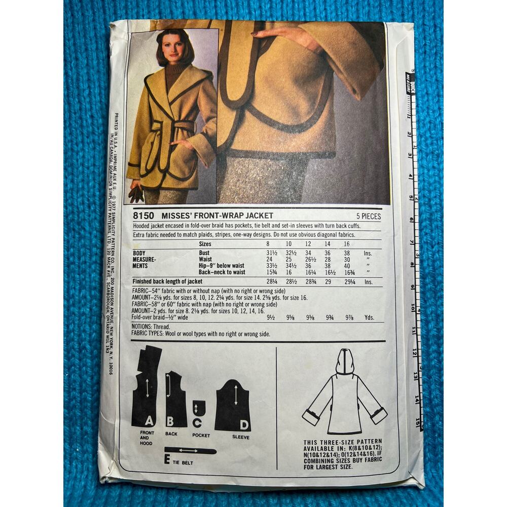 Simplicity Sewing pattern 8150 Coat hood patch pockets 1970s size 8 10 12 - Picture 3 of 6